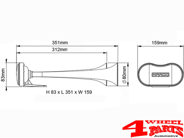 Fanfare Druckluft Doppelhorn - 12 Volt 31 / 35 cm Trichter aus  hochglanzverchromten Messing Jeep CJ Wrangler Grand Cherokee