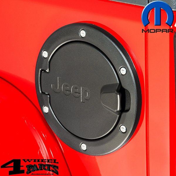 Gas Fuel Hatch Cover Aluminum with Filler Neck Black matt with Jeep Logo  from Mopar Jeep Wrangler JK Unlimited year 07-18 4-doors | 4 Wheel Parts