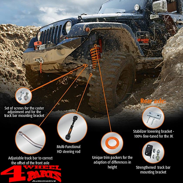 Fahrwerk Höherlegung von Trailmaster Comfort mit TÜV +3,0- 75mm Jeep  Wrangler JK Unlimited Bj. 07-18 4-Türer Benziner