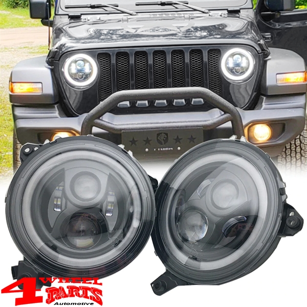 LED Headlight Pair 9 Black Lights with Halo Ring Jeep Wrangler JL